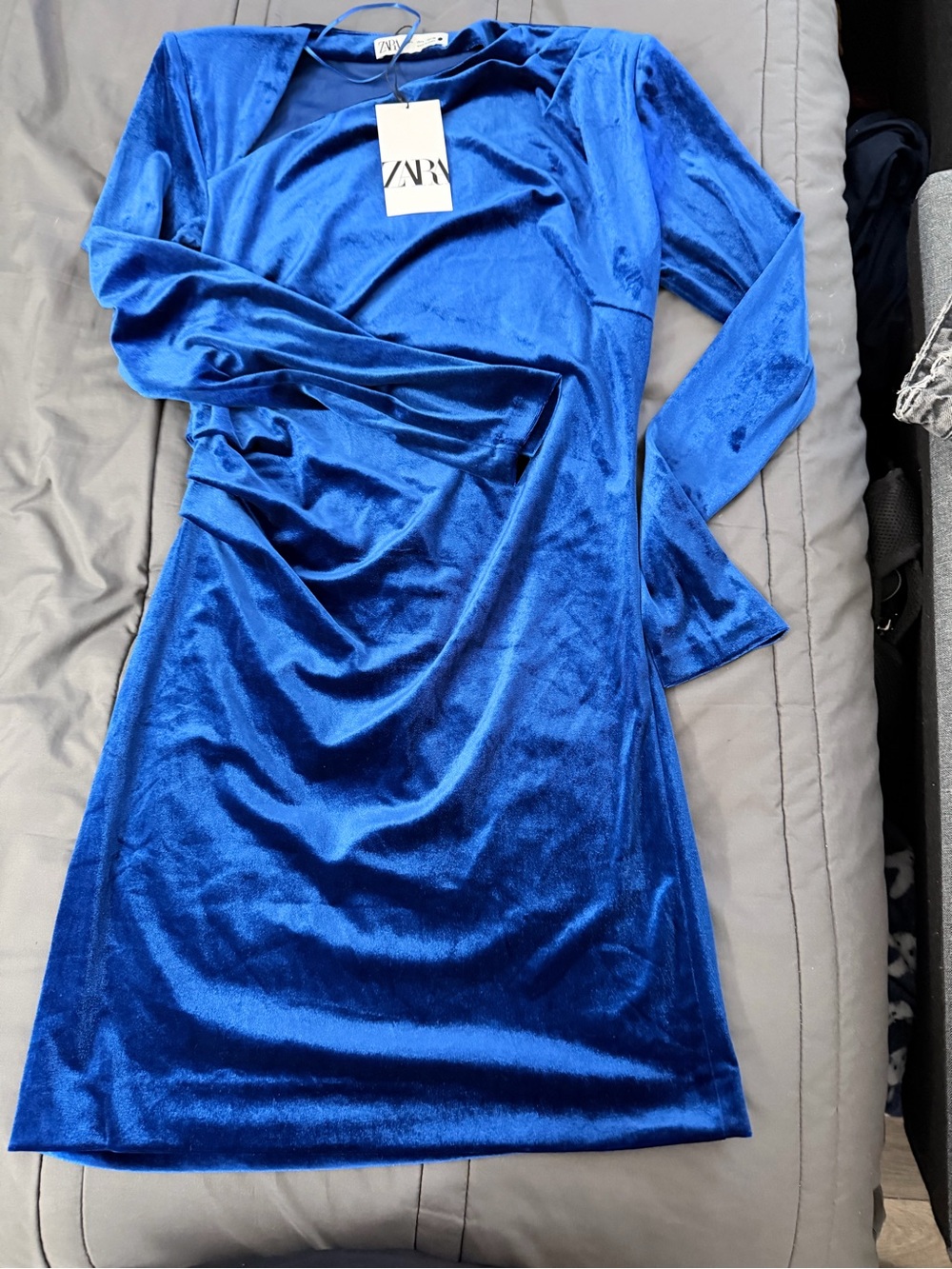 ZARA Cobalt Blue Velvet Long Sleeve Draped Dress